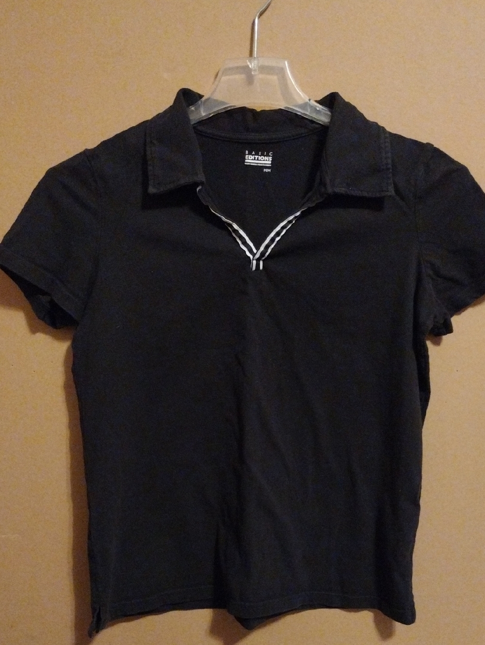 Basic Editions Black Polo Top with White Striped V-Trim